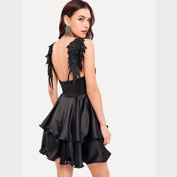 Wings Applique Layered Hem Black Satin Mini Dress - Picture 5 of 7